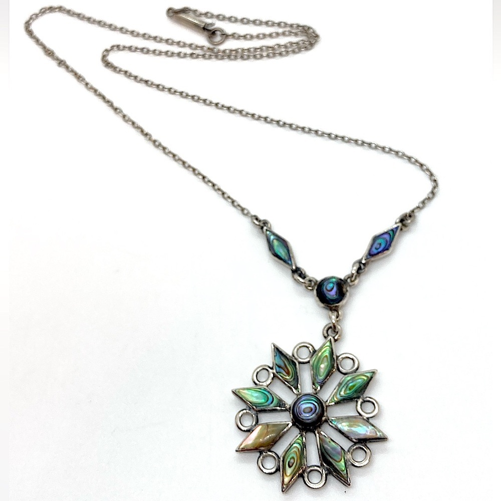 Vtg Sterling Silver & Abalone Floral Flower Necklace | 20” L | 9g